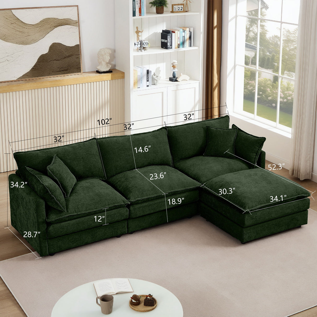 L Shaped Modular Sectional Sofa With Movable Ottoman, 3 Seater Comfortable Seating