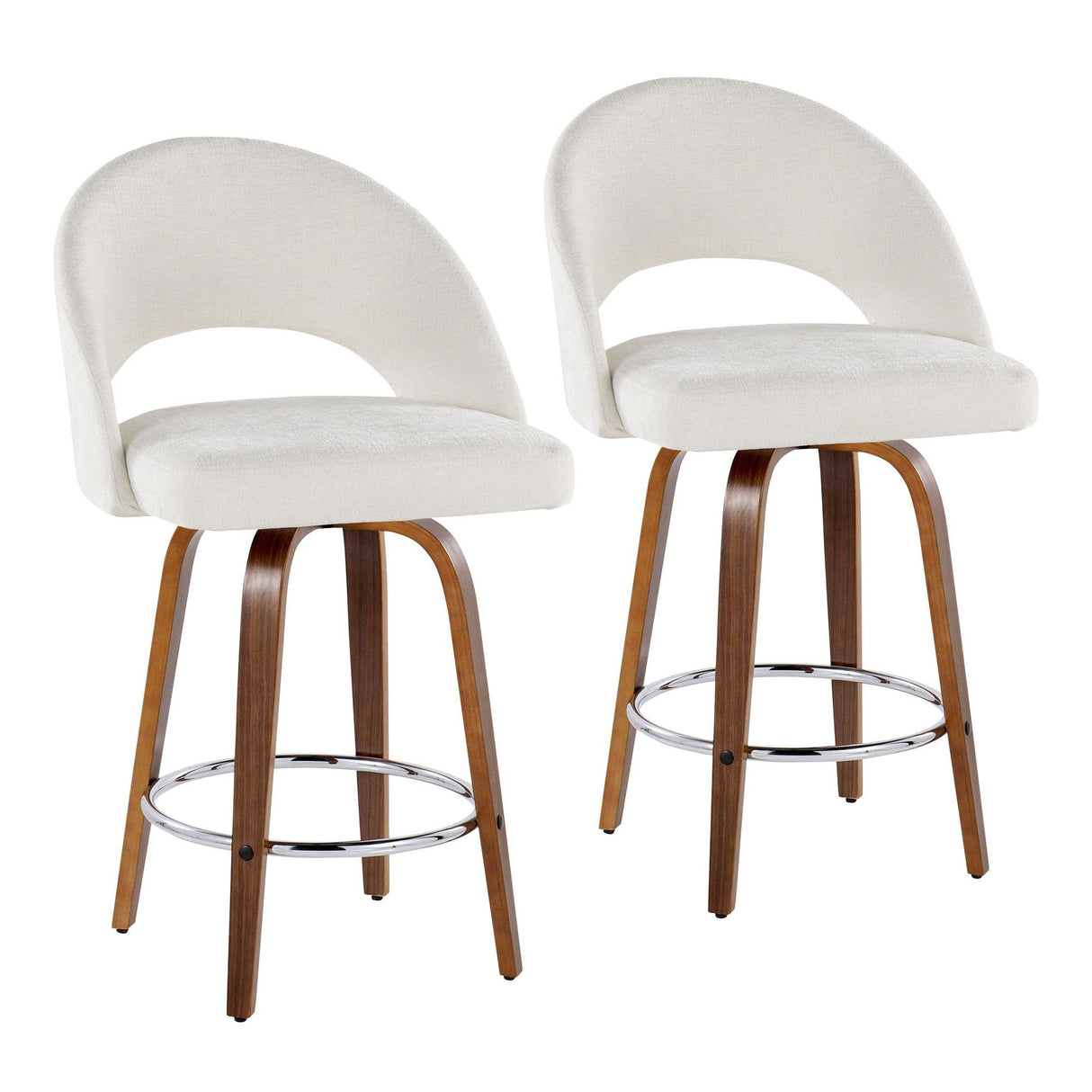 Renee - Upholstered Fixed-Height Barstool (Set of 2) - Walnut Wood, Chrome Metal