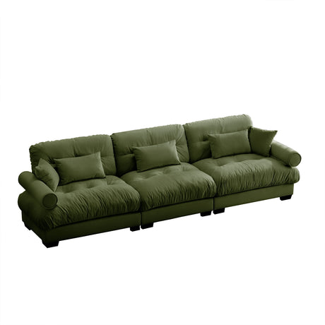 Modern Velvet Sofa With Bolstered Armrests And Pillows