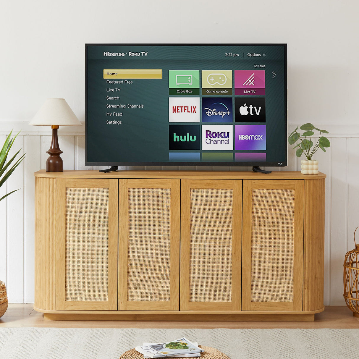 Contemporary Wave Shaped TV Stand With Rattan Doors