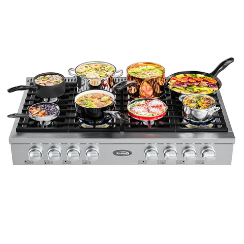 48 in Gas Range-Top with 8 Sealed Italian Burners and Stainless-Steel Stovetop Knobs.