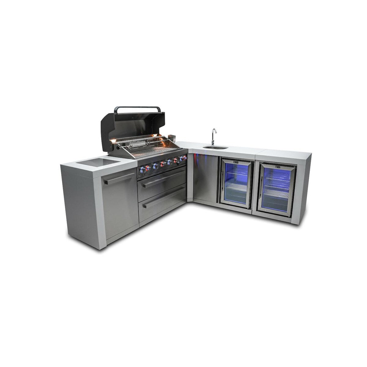 Mont Alpi Deluxe Series 8 Ft L-Shaped Propane Outdoor Kitchen Island w/ Side Burner, Beverage Center & Fridge - MAi805-D90BEVFC