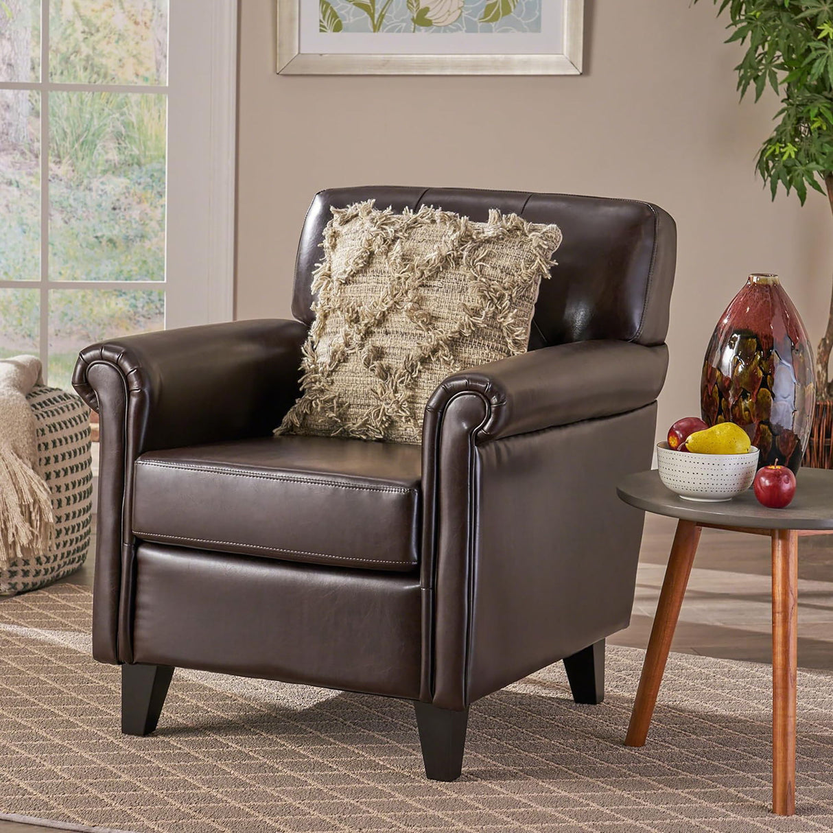 Upholstered Club Chair With Button Tufted Back Rest - Brown
