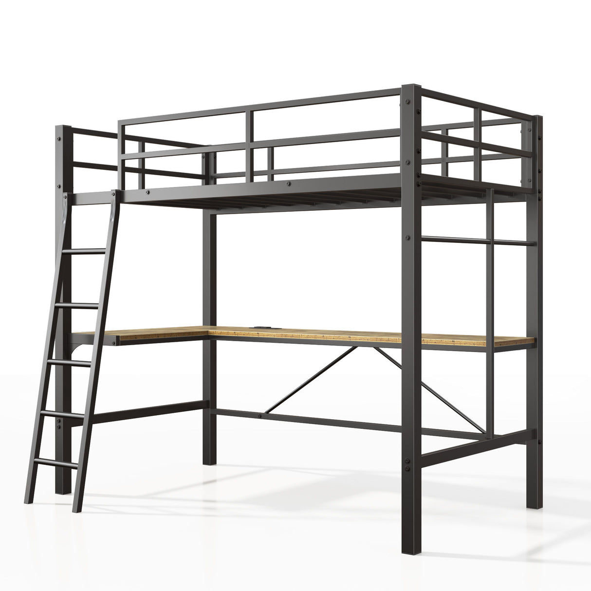Twin Metal Loft Bed With L - Shaped Desk, Charging Station Loft Bed Frame Twin Size, Safety Guard & Ladder, No Box Spring Needed - Black