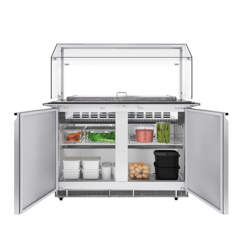 48 in. Commercial Refrigerated Prep Station with Sneeze Guard and Buffet Slide, 9-Pan Capacity (Not Included) with Covers and Two Adjustable Shelves in Stainless-Steel, ETL Listed (KM-RBT-48CSFG)