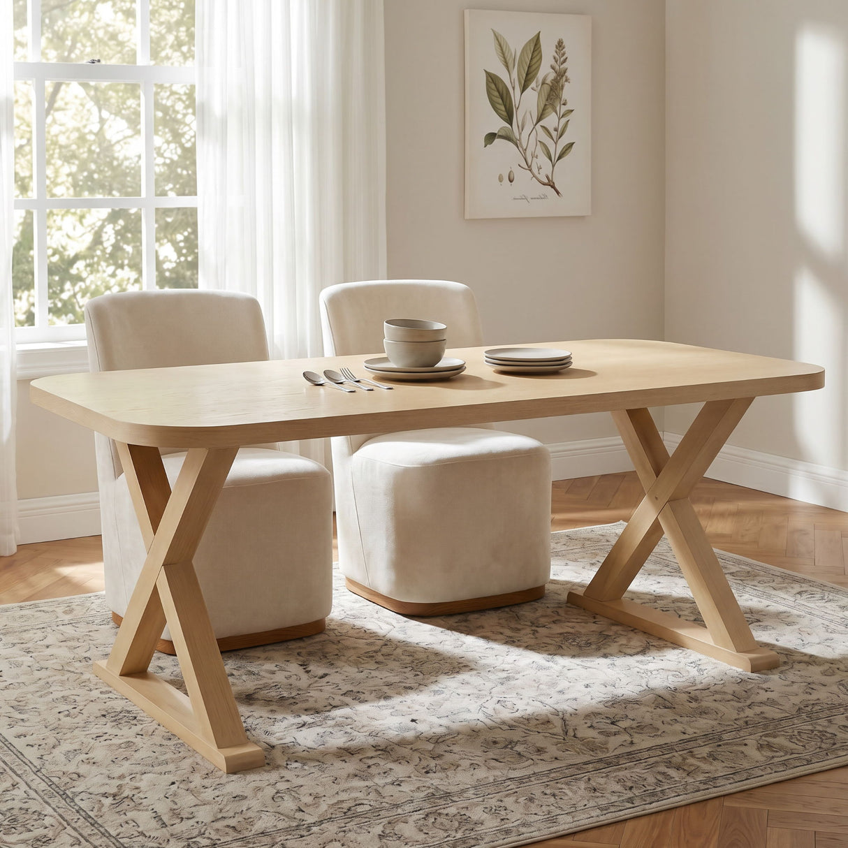 Dining Table With X-Shaped Legs, Rectangular Indoor - Natural