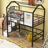Metal Loft Bed With Roof Design And Storage Box With Guardrails And Integrated Ladder
