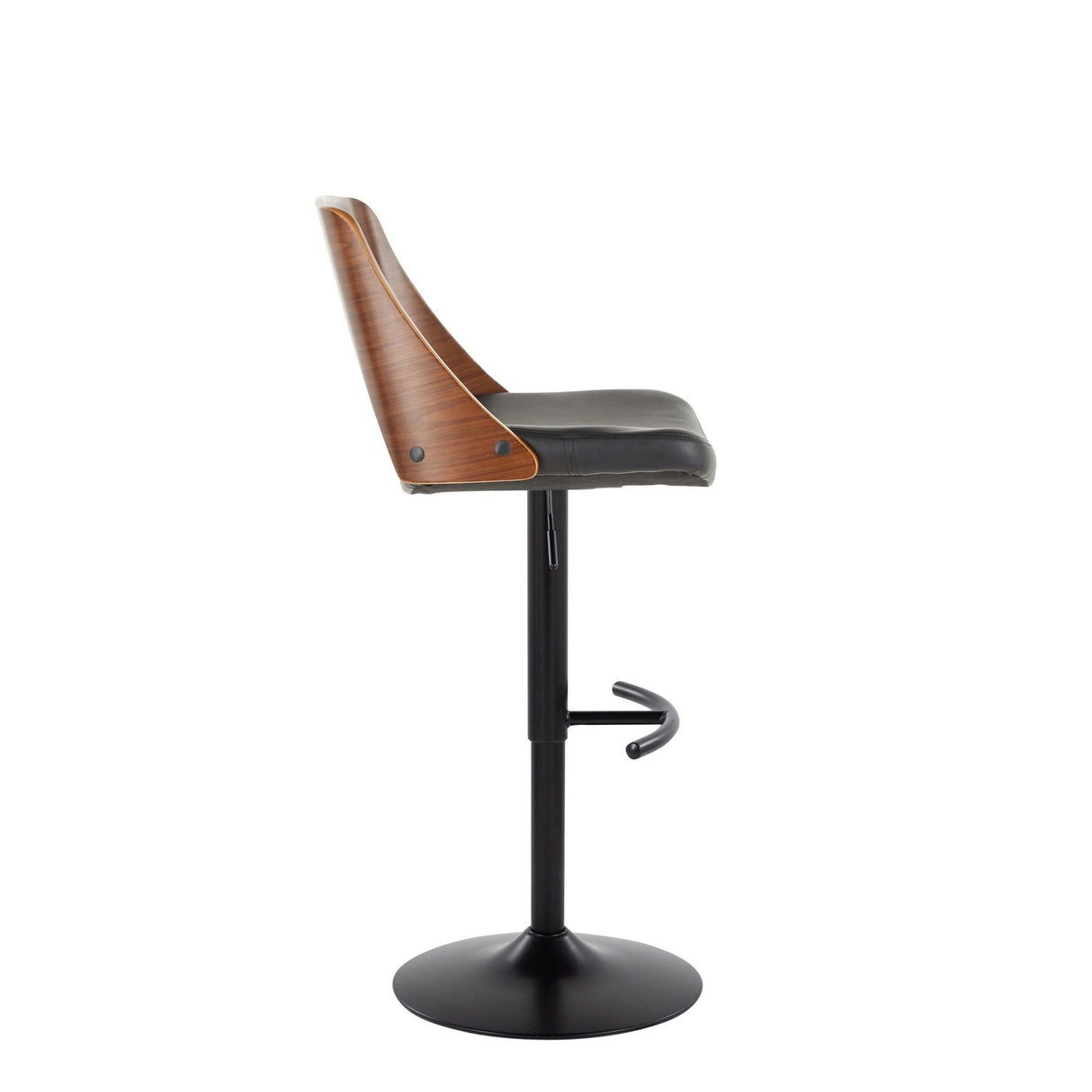Valencia - Mid-Century Modern Adjustable Swivel Barstool (Set of 2) - Black Metal, Walnut Wood And Black Faux Leather With Rounded T Footrest
