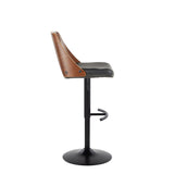 Valencia - Mid-Century Modern Adjustable Swivel Barstool (Set of 2) - Black Metal, Walnut Wood And Black Faux Leather With Rounded T Footrest
