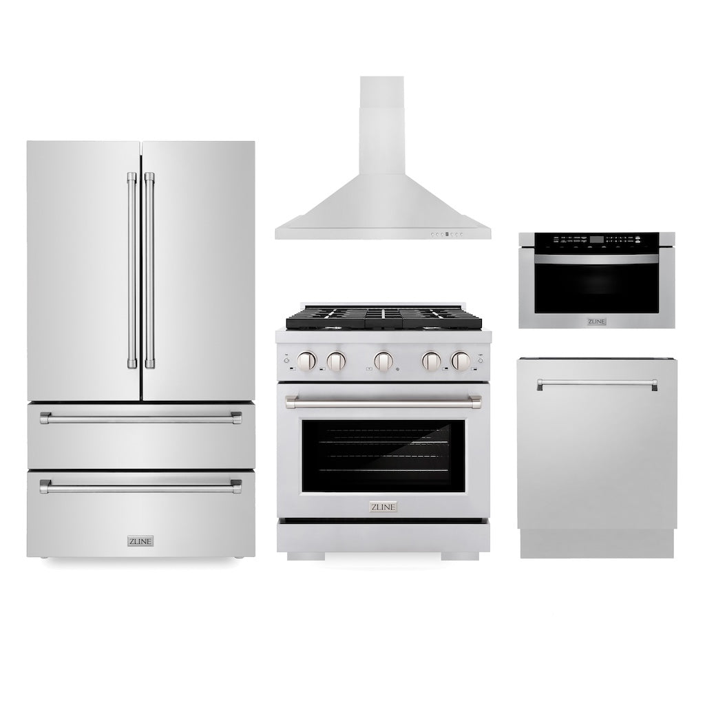 Kitchen Package with Refrigerator, 30 in. Stainless Steel Gas Range, 30 in. Range Hood, Microwave Drawer, and 24 in. Tall Tub Dishwasher - (5KPRSGRRH30MWDWV) -