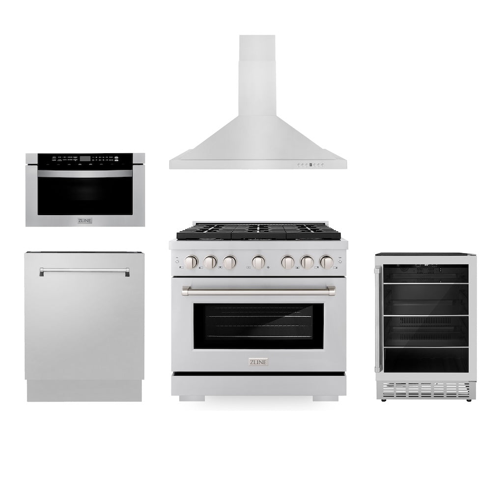 36 in. Kitchen Package with Stainless Steel Gas Range, Range Hood, Microwave Drawer, Tall Tub Dishwasher and Beverage Fridge - (5KPSGRRH36MWDWVRBV) -