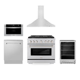 36 in. Kitchen Package with Stainless Steel Gas Range, Range Hood, Microwave Drawer, Tall Tub Dishwasher and Beverage Fridge - (5KPSGRRH36MWDWVRBV) -
