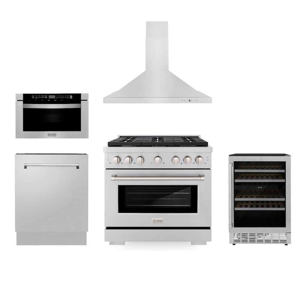 36 in. Kitchen Package with Stainless Steel Gas Range, Range Hood, Microwave Drawer, Tall Tub Dishwasher and Wine Cooler - (5KPSGRRH36MWDWVRWV) -