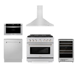 36 in. Kitchen Package with Stainless Steel Gas Range, Range Hood, Microwave Drawer, Tall Tub Dishwasher and Wine Cooler - (5KPSGRRH36MWDWVRWV) -