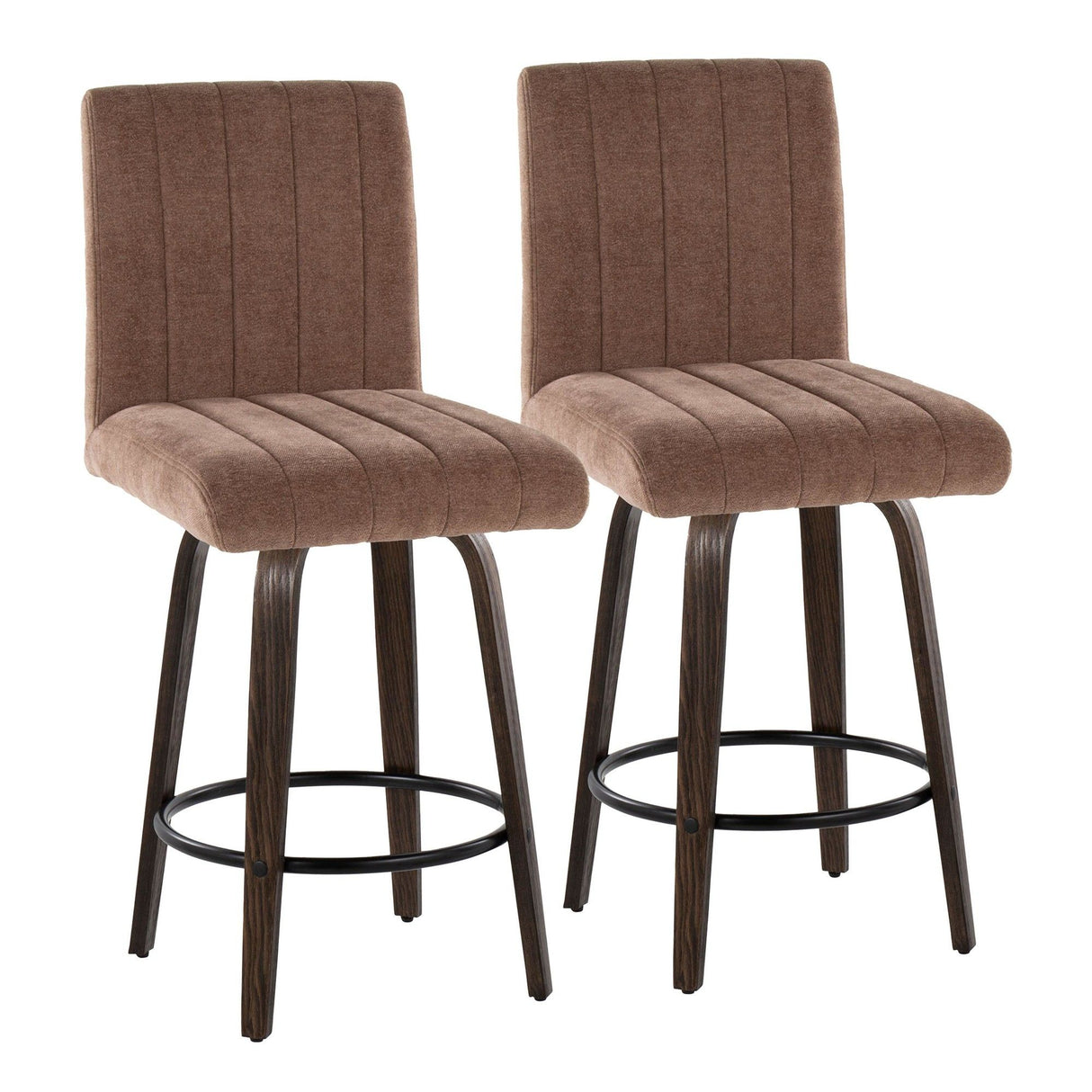 Hannah - Fixed-Height Counter Stool With Swivel And Round Black Metal Footrest (Set of 2) - Walnut Glazed Wood