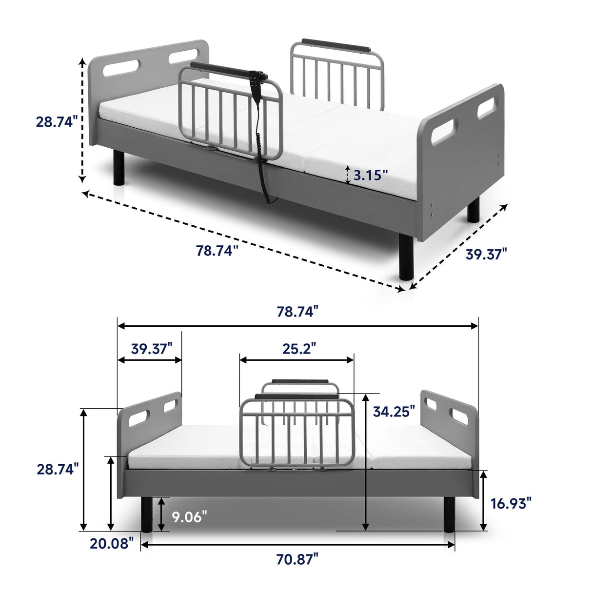 Electric Adjustable Hospital Bed For Home Use With Wired Remote Control, Memory Foam Mattress - Gray / White