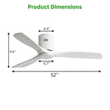 52" Flush Mount Ceiling Fan With Remote, No Light, 3 Blades, 6 Speed DC Motor For Indoor Patio - White