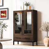 Modern Style Tall Display Cabinet With LED Lighting, Tempered Glass Door, 2 Drawers