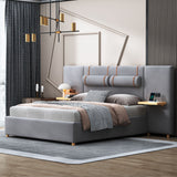 Upholstered Platform Bed, 2 Outlets And USB Charging Ports On Both Sides, 2 Bedside Pillows, Storage Shelves