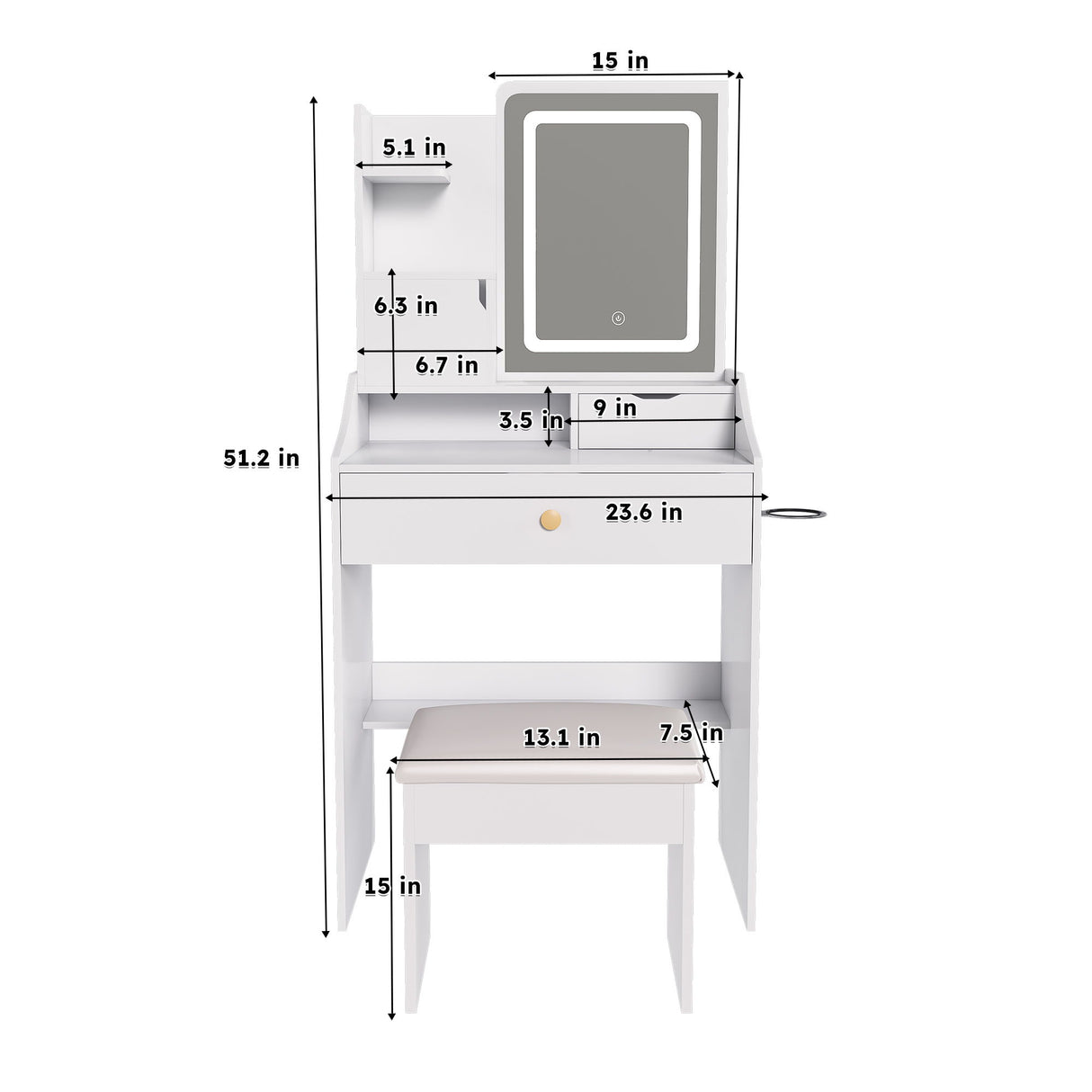 3 Color LED Vanity Mirror With Stool, 2 Drawers & 5 Storage Cabinets, Adjustable Lighting - White