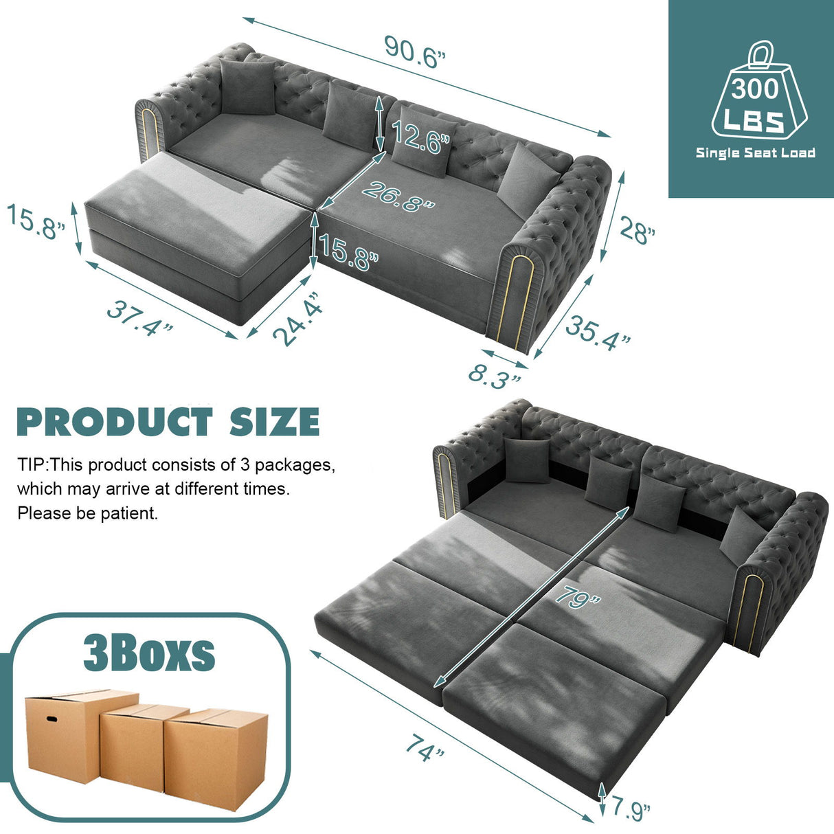 3-In-1 Convertible Sleeper Sofa With Movable Ottoman For Living Room