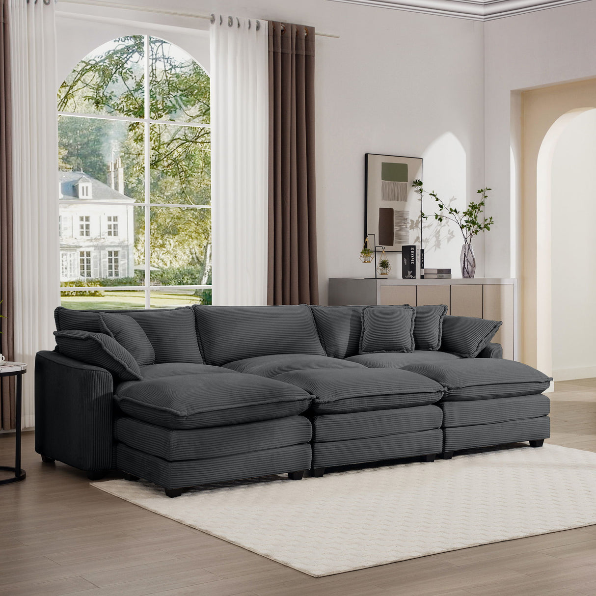 Modern Oversized Modular Cushion Sofa With Ottoman, Low Back, Deep Seating Sofa Set
