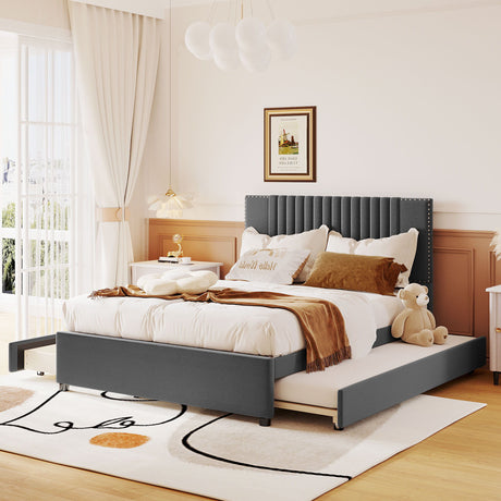 Upholstered Platform Bed With Drawers, Classic Headboard Design