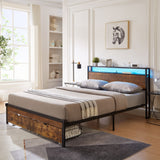Modern Metal Platform Bed Frame With Wooden Headboard And Footboard, USB Charging Station, LED Lights, 2 Drawers