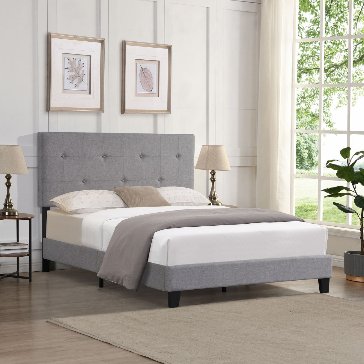 Modern Upholstered Platform Bed Frame With Button Tufted Linen Headboard And Wood Slat Support