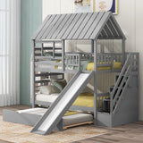 House Bunk Bed With Trundle, Storage Staircase, Roof And Window Design