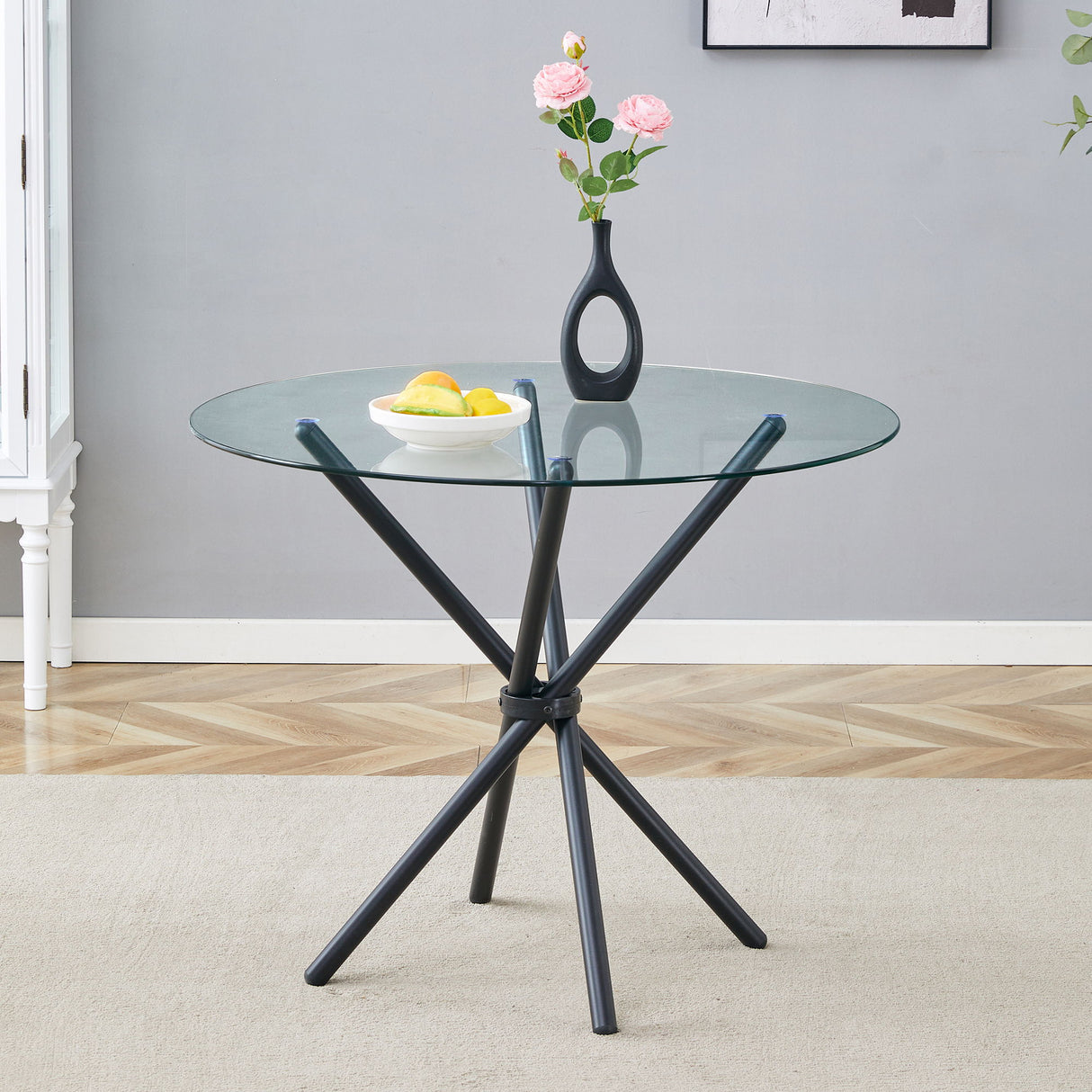 Modern Circular Transparent Tempered Glass Round Table With Metal Legs 36.6" Diameter - Silver / Transparent