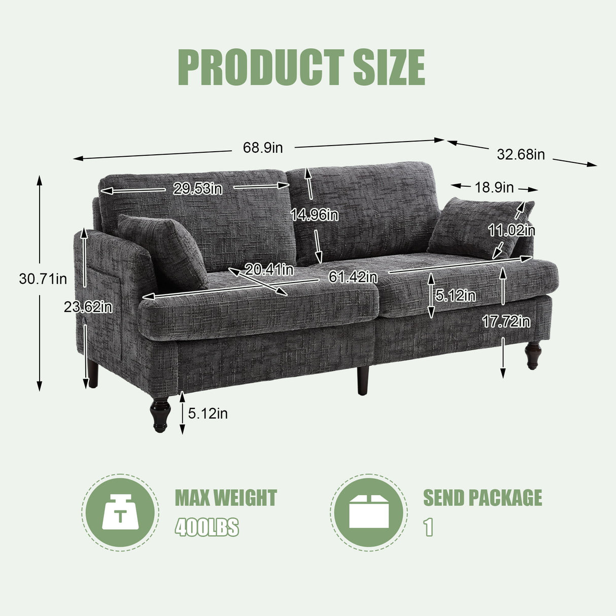 Chenille 2 Seater Sofa With LED Light, USB Charging Port, And Storage Bag