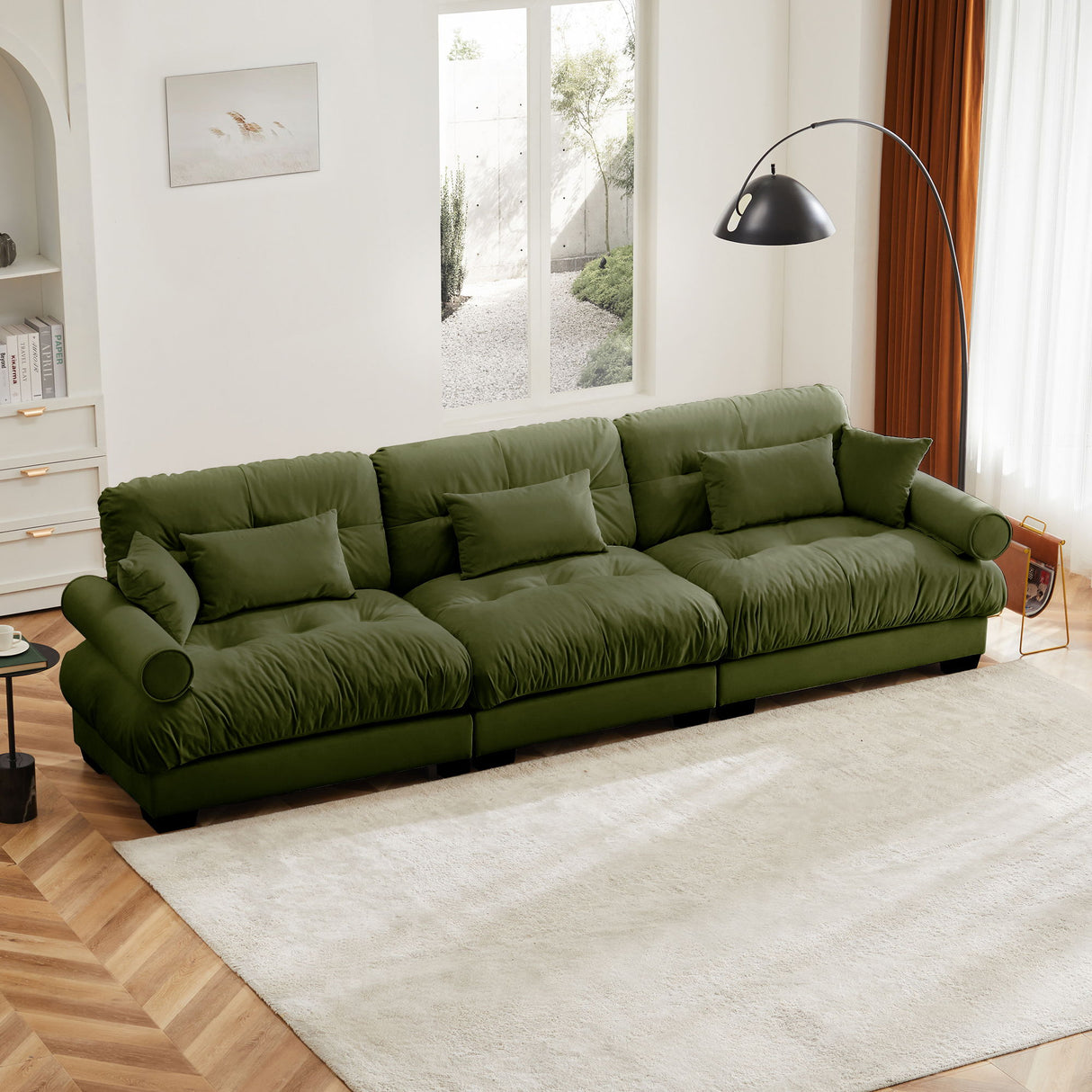 Modern Velvet Sofa With Bolstered Armrests And Pillows