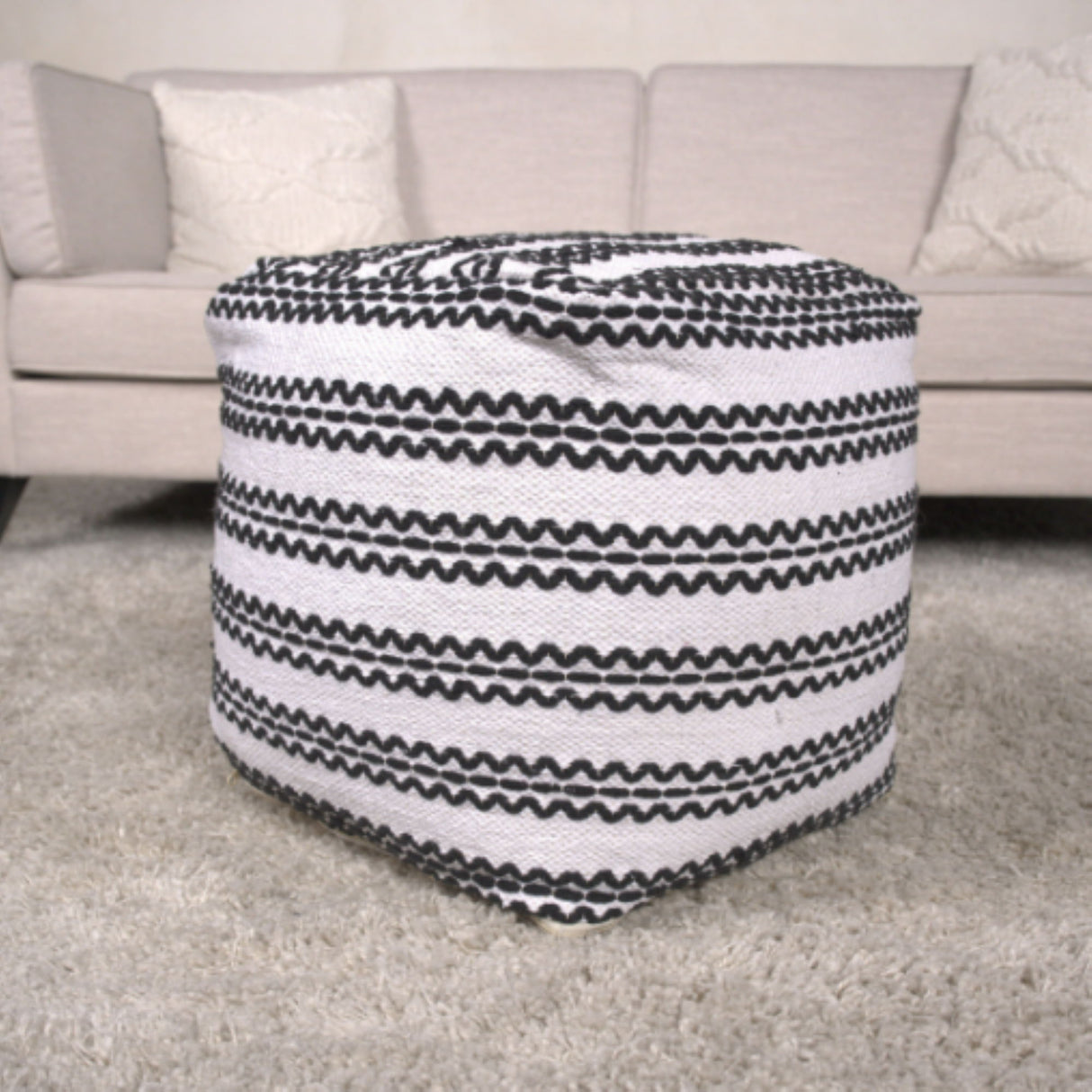 Lani - Handcrafted Fabric Pouf, Durable Cotton Square - Natural / Black