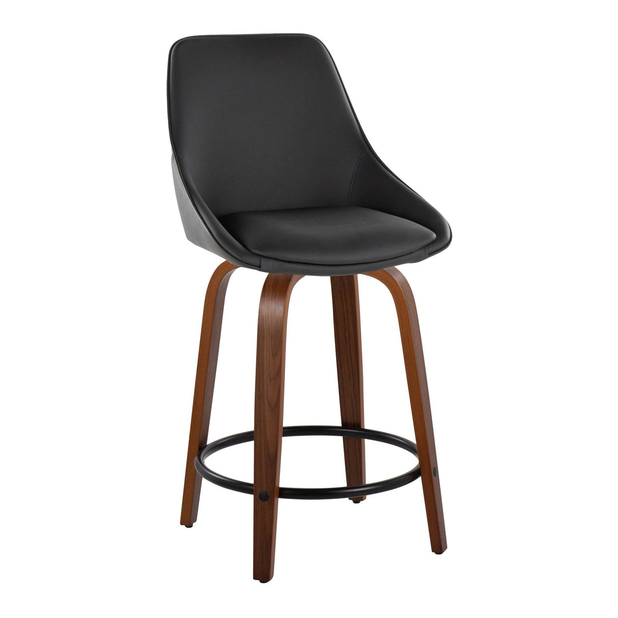 Diana - 24" Fixed-Height Counter Stool With Swivel And Round Black Metal Footrest (Set of 2) - Walnut Wood