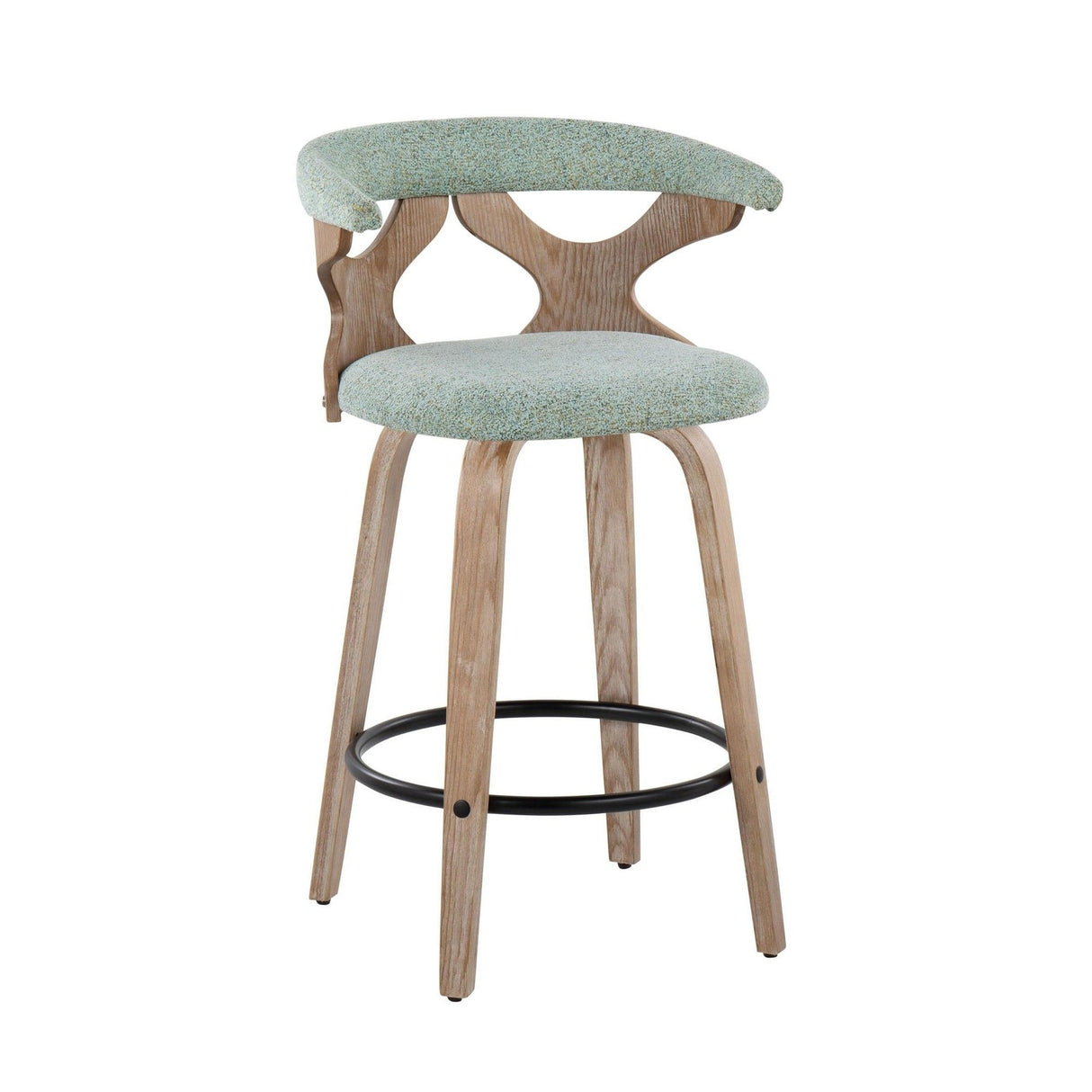 Gardenia - 26" Fixed-Height Counter Stool With Swivel (Set of 2) - Whitewashed Wood, Seafoam Green Fabric, Black Metal