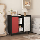 Modern Sideboard Buffet Cabinet With Red Doors And Unique Panel Styling