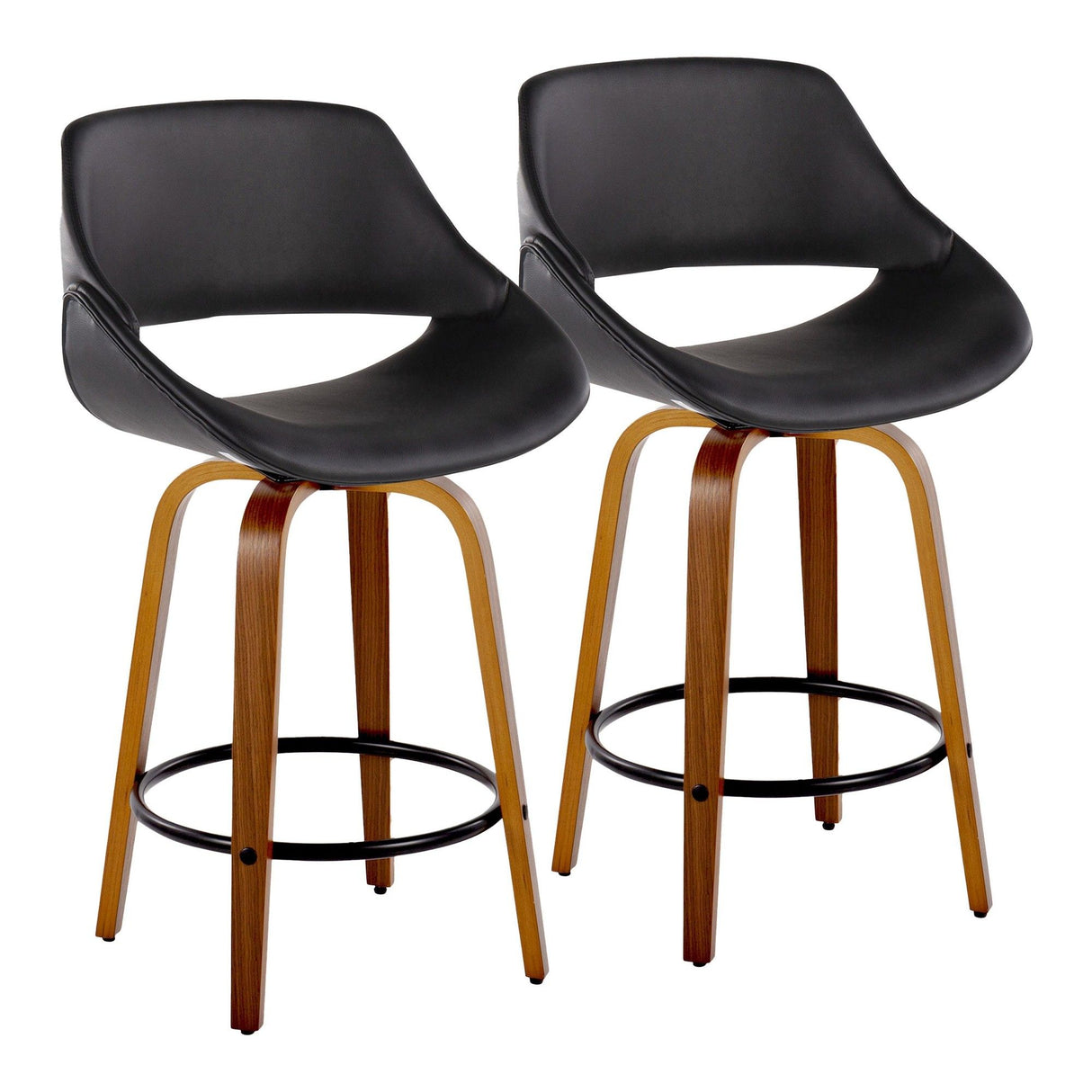Fabrico - Fixed-Height Counter Stool (Set of 2) - Walnut Wood, Round Black Footrest