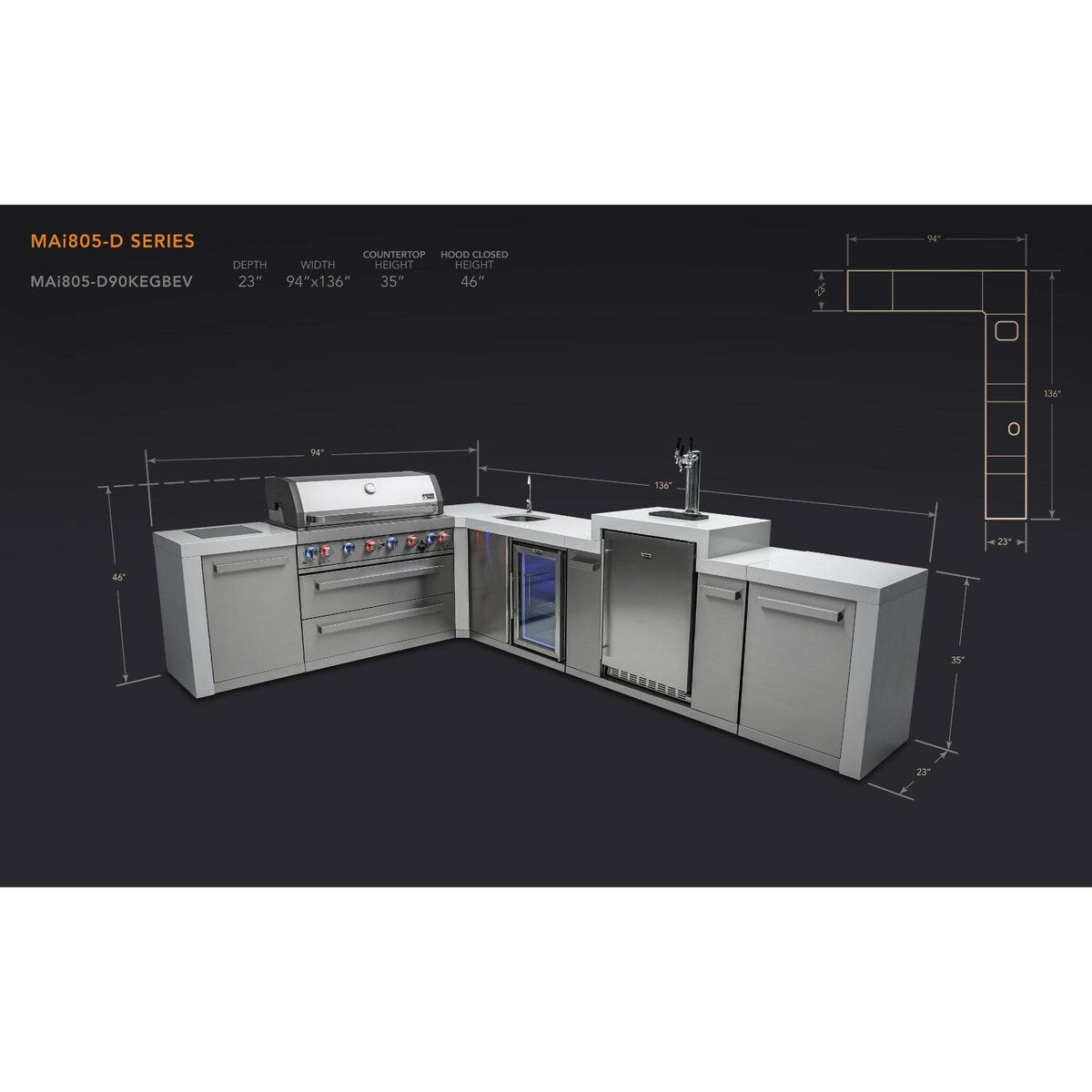 Mont Alpi 11.5 Ft L-Shaped Propane Outdoor Kitchen Island w/ Side Burner, Beverage Center & Kegerator - MAi805-D90KEGBEV