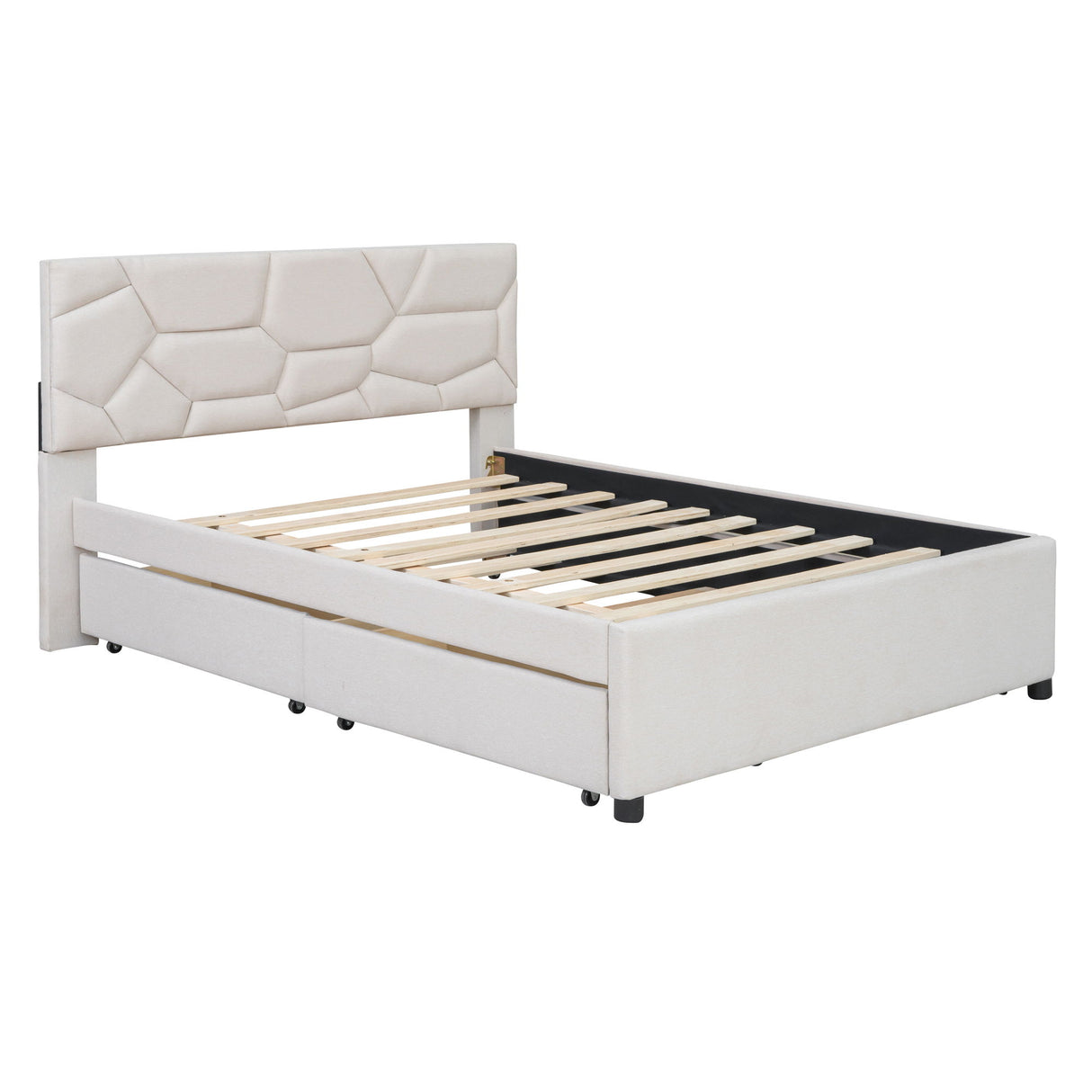 Upholstered Platform Bed With Brick Pattern Headboard And Twin Long Size Trundle