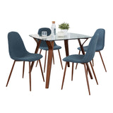 Folia - Square Pebble Mid-Century Modern 5 Piece Dining Room Set - Walnut Wood, Square Clear Tempered Glass, Walnut Metal And Blue Fabric