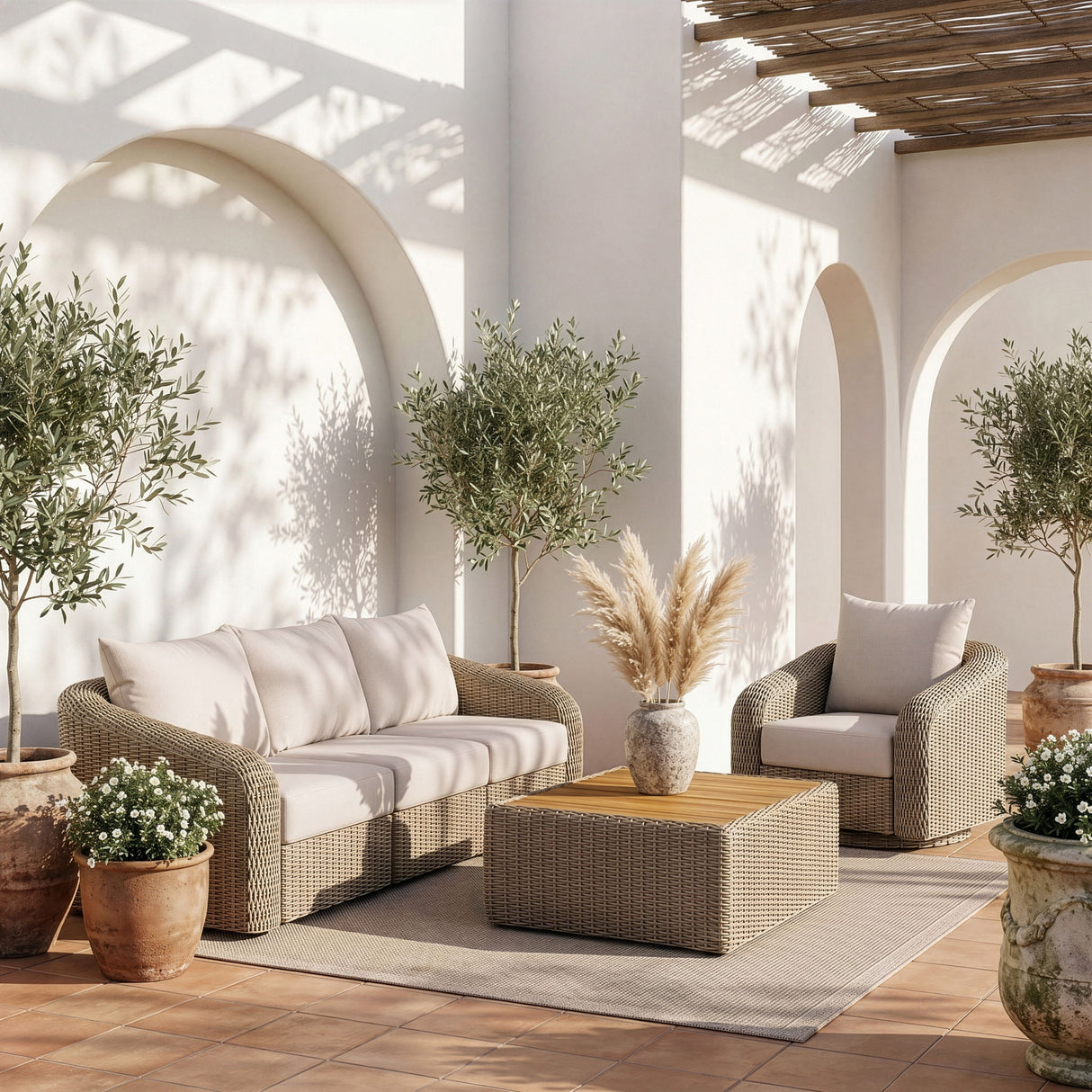 Seacrest - Olefin Water Resistant Fabric And Wicker 3 Piece Outdoor Patio Modular Sofa