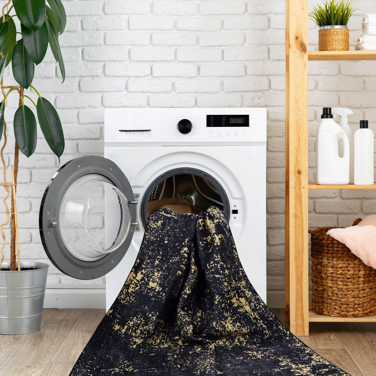 Maval - 8' X 10' Washable Area Rug - Black / Gold