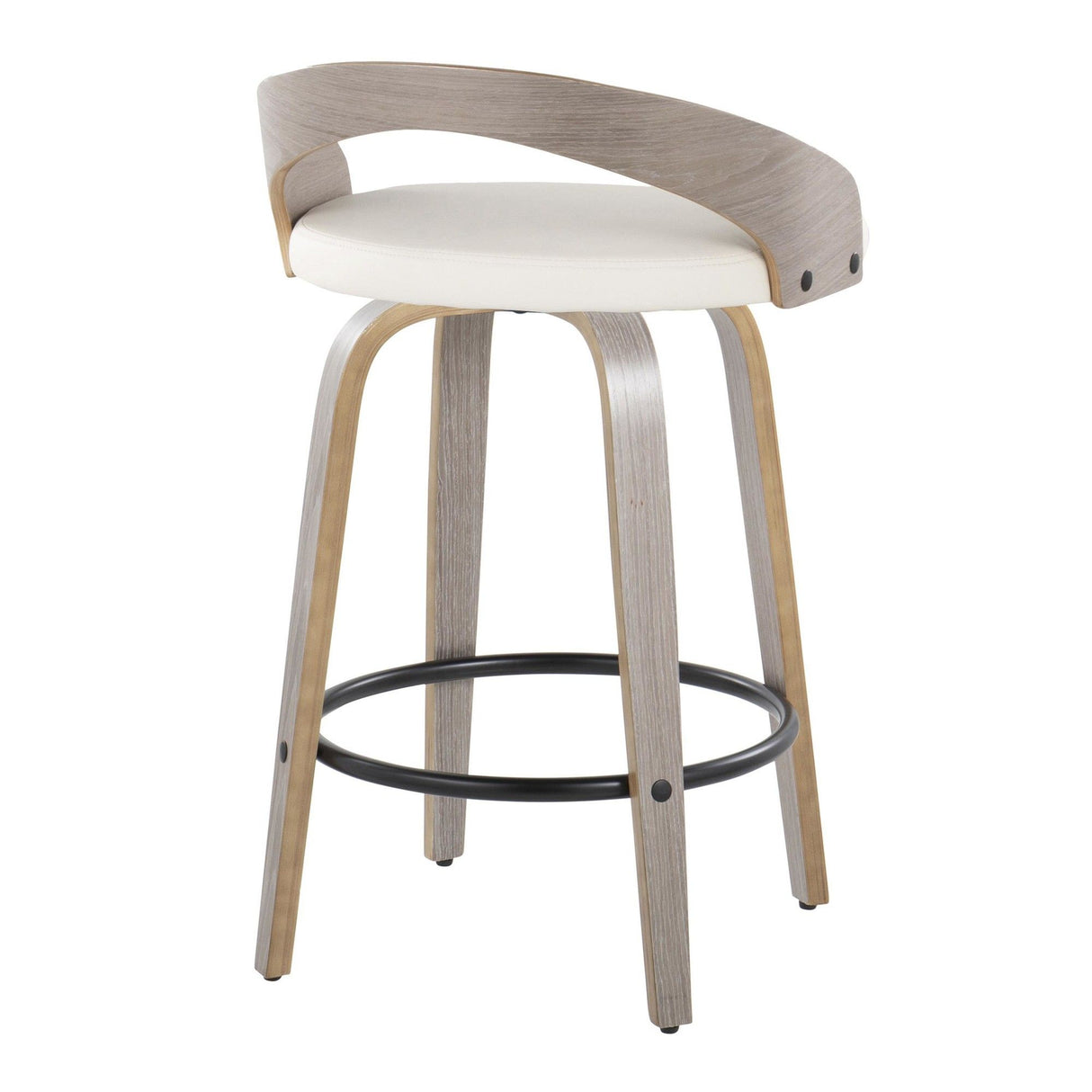 Grotto - Fixed-Height Counter Stool (Set of 2) - Light Gray Wood, White Faux Leather, Black Metal