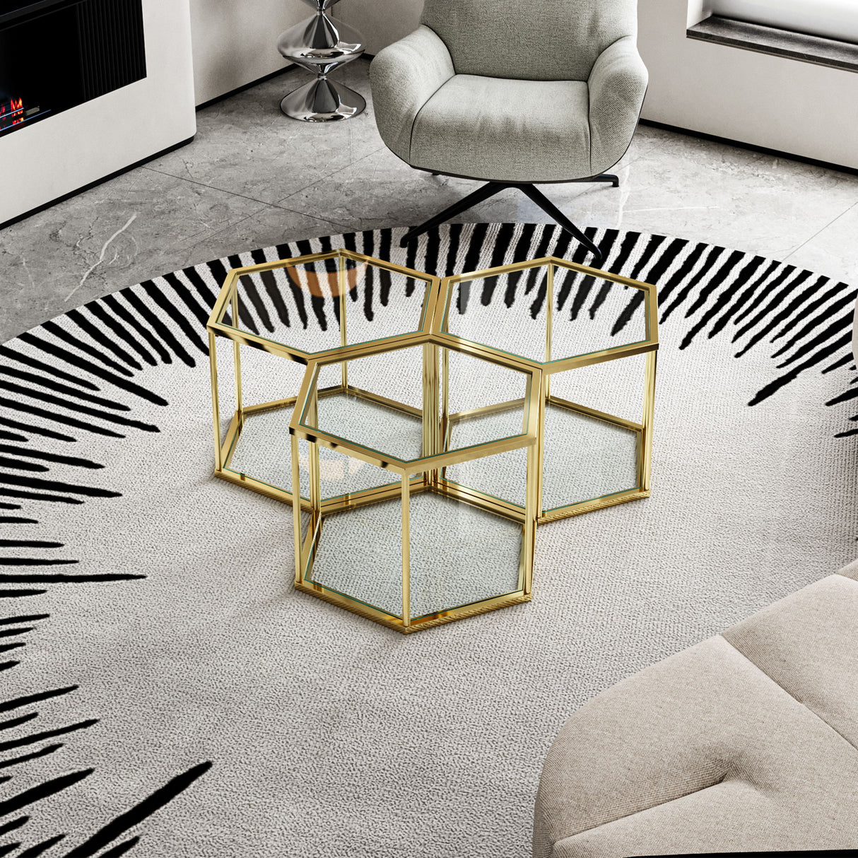Modern Coffee Table With Double Layer Tempered Glass And Polygonal Design