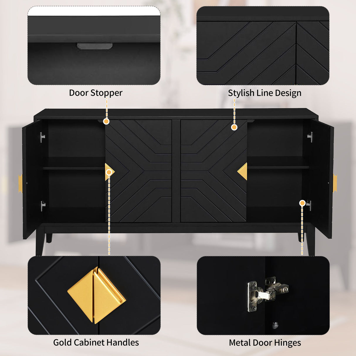 4 Door Sideboard Storage Cabinet For Living Room And Dining Room, 2 Large Cabinets With Gold Handles And Adjustable Shelf - Black
