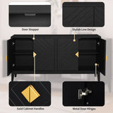 4 Door Sideboard Storage Cabinet For Living Room And Dining Room, 2 Large Cabinets With Gold Handles And Adjustable Shelf - Black