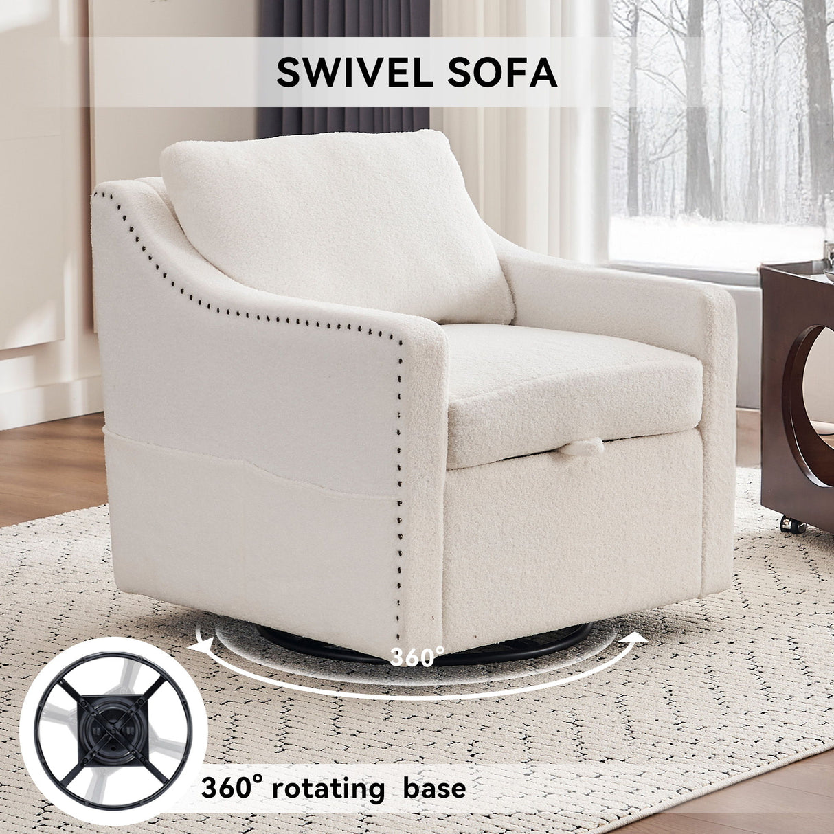 Linen Fabric 360° Swivel Accent Chair With Upholstered Back Pillow And Rivet Armrest