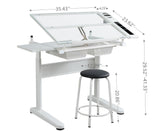 38.18" Hand Crank Adjustable Drafting Table Drawing Desk With 2 Metal Drawers With Stool