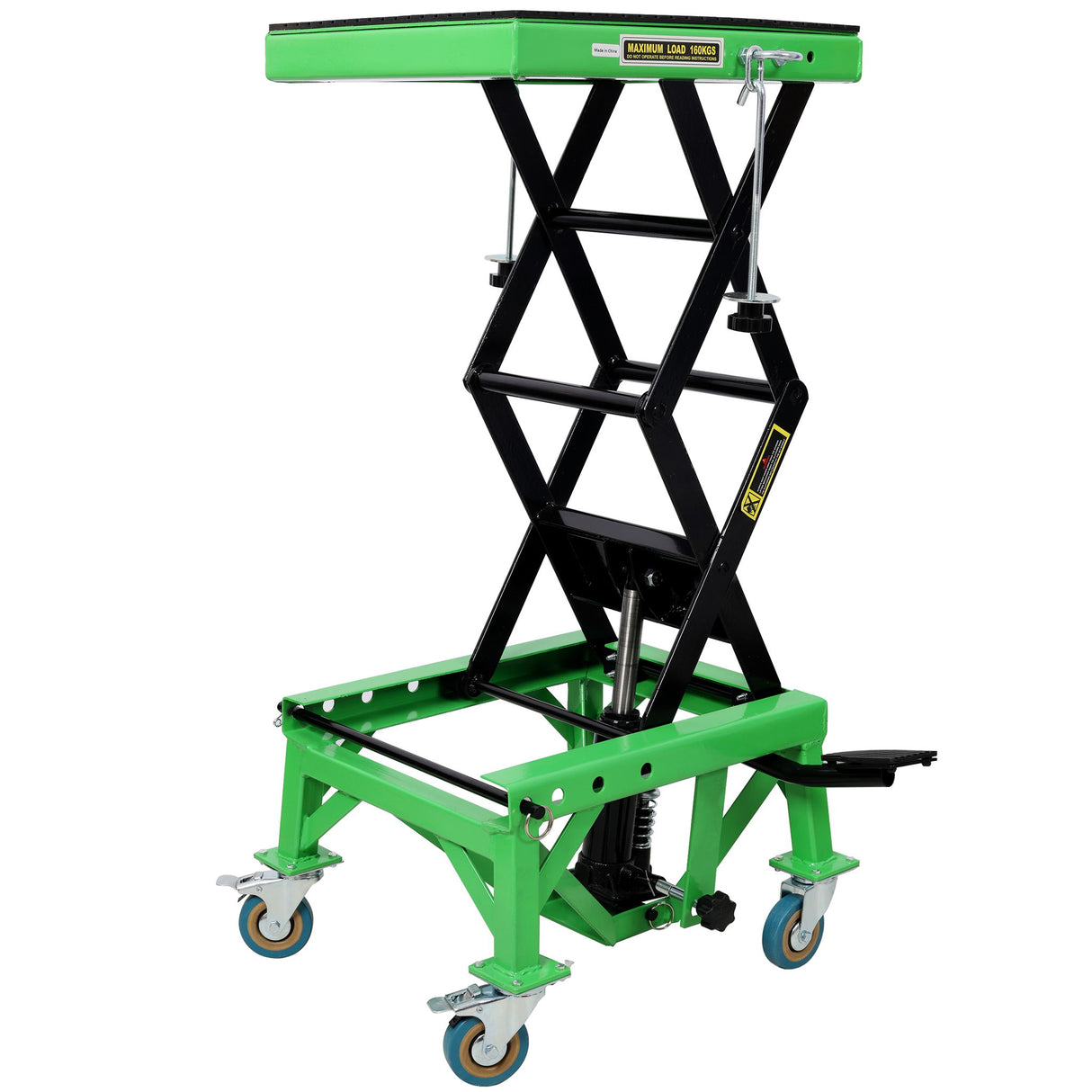 Hydraulic Motorcycle Scissor Jack Lift With Foot Step And Wheels For Dirt Bikes - Black / Green